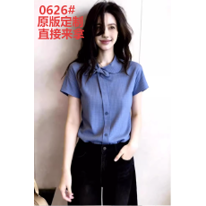 批发蓝色格子<b class='q'>蝴蝶结</b>短袖<b class='q'>衬衫</b>女甜美风娃娃领短袖宽松显瘦百搭通勤上衣