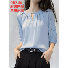 批发极简风褶皱泡泡袖衬衫女2026春季新款蓝色宽松圆领高级感气质上衣