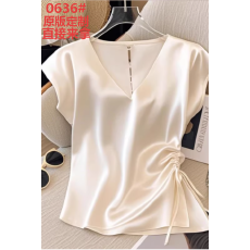 批发法式杏色V领短袖桑蚕丝衬衫女宽松抽褶高级小衫夏季百搭气质上衣