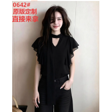 批发优雅风黑色V领小飞袖飘带<b class='q'>衬衫女</b>2026夏季新款轻熟设计感减龄上衣