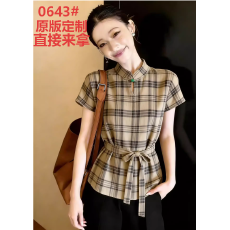 批发复古格纹<b class='q'>短袖</b><b class='q'>衬衫女</b>夏季2026年新款收腰系带修身显瘦气质内搭上衣