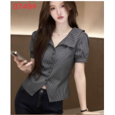 批发超火减龄条纹亚麻衬衫衬衣女款2026新款夏季独特漂亮小衫收腰上衣