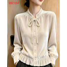 批发轻熟风丝绒立领<b class='q'>长袖</b><b class='q'>衬衫</b>早秋女款轻奢高级感蝴蝶结荷叶边法式上衣