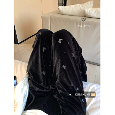 批发秋冬加绒加厚蝴蝶烫花拖地休闲裤女高腰阔腿裤直筒长裤