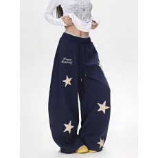 批发美式复古星星刺绣休闲卫裤男女春秋直筒<b class='q'>街头</b>阔腿拖地长裤情侣