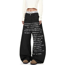 批发美式复古字母印花辣妹直筒牛仔裤女秋季新款设计感<b class='q'>高腰</b>显瘦<b class='q'>阔腿裤</b>