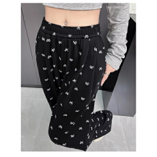 批发蝴蝶结印花运动裤女2025春<b class='q'>秋</b>新款高腰宽松阔腿垂感波点山本裤