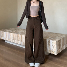 批发复古咖色牛仔<b class='q'>裤</b>女款工装<b class='q'>裤</b>2025新款秋季小个子<b class='q'>裤</b>子<b class='q'>宽松</b>直筒休闲<b class='q'>裤</b>