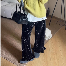 批发木耳边黑色丝绒<b class='q'>碎花</b>休闲<b class='q'>裤</b>女2025秋冬加绒加厚垂感阔腿拖地长<b class='q'>裤</b>子
