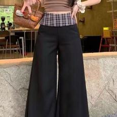 批发黑色格子拼接西装阔腿裤<b class='q'>女</b>2025薄款宽松小个子垂感高级感休闲长裤