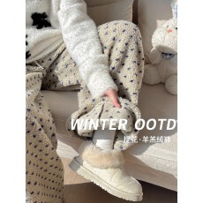 批发咖色羊羔绒束脚裤<b class='q'>女</b>秋冬季新款加厚保暖棉裤波点休闲阔腿卫裤