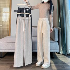批发人字纹毛呢阔腿裤<b class='q'>女</b>秋冬季加大码加绒加厚直筒香蕉窄版裤