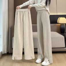 批发人字纹大码阔腿裤<b class='q'>女</b>秋冬加绒加厚窄版开叉毛呢香蕉直筒裤
