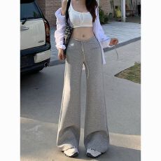 批发2025新美式小众百搭<b class='q'>时尚</b>风宽松抽绳纯色微喇<b class='q'>休闲</b>裤显瘦长裤潮流女