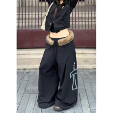 批发原版烫钻做法十字刺绣黑色休闲裤女2025早秋新款<b class='q'>街头</b>辣妹抽绳裤