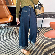 批发大码秋季新款复古梨形身材宽松显瘦九分直筒<b class='q'>裤</b>子胖mm阔<b class='q'>腿</b>牛仔