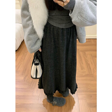 批发灰色毛呢半身裙女秋冬高腰a字裙加绒显瘦中长款裙木耳边气质伞裙