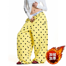 批发美式黄色波点满印加厚加绒卫裤女垂感直筒阔腿裤<b class='q'>街头</b>风运动休闲裤