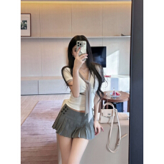 批发夏季美式复古条纹灰色西装面料低腰女<b class='q'>百搭</b>性感辣妹低腰百褶超短裙