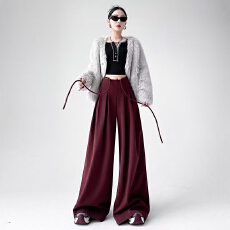 批发复古小众安可拉红高级感绑带西装毛呢阔腿裤女高腰显瘦宽松直筒裤