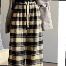 批发美式休闲毛呢格子裤女2025秋冬新款高腰显瘦百搭宽松直筒阔腿长裤