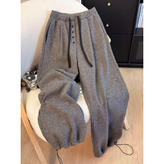 批发秋冬加绒加厚抽绳阔腿裤女大码胖mm新款宽松休闲束脚两穿