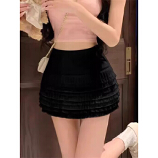 批发韩系黑色<b class='q'>蕾丝</b>花边蛋糕裙A字短款半身裙自带安全裤裙子