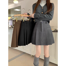 批发高腰黑色毛呢半身裙新款秋<b class='q'>冬</b>灰色百褶裙胖mm显瘦短裙