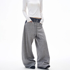 批发美式复古格子拼接阔腿垂感卫裤<b class='q'>男</b>女潮牌设计感宽松休闲长裤