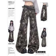 批发美式微喇迷彩工装牛仔裤春新款<b class='q'>女</b>高腰宽松百搭时尚阔腿拖地裤