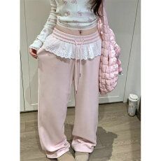 批发高腰花边抽绳蕾丝拼接2026新款设计阔腿裤宽松拖地长裤休闲裤
