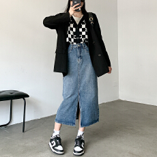 批发2026新款高腰宽松显腿长开叉a字中长款遮胯梨形身材气质牛仔裙