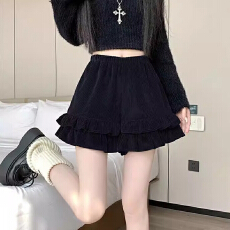 批发 复古灯芯绒荷叶边短裤女秋冬高腰显瘦a字阔腿裤小个子外穿热裤