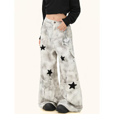 美式休闲痞帅水洗复古个性五角星印花微垮牛仔裤男款百搭锥形裤子