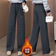 批发澳洲羊毛秋冬阔腿加厚裤女2025新款正版弯刀松紧高腰宽松休闲筒裤