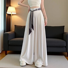 批发高级感白色冰丝西装阔腿裤<b class='q'>女</b>夏薄款丝巾系带高腰垂感直筒拖地裤
