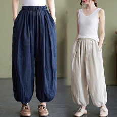 批发春夏季新款棉麻文艺复古松紧显瘦灯笼裤拼接<b class='q'>九分</b>纯棉休闲<b class='q'>哈伦裤</b>