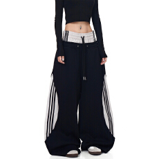 批发原版起版）假两件条纹拼接弯刀裤女双腰头阔腿裤