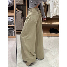批发复古卡其色<b class='q'>阔腿裤</b>女大码胖mm显瘦<b class='q'>裤</b>子宽松bf慵懒风梨型身材牛仔<b class='q'>裤</b>