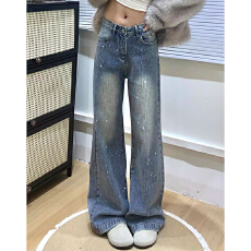 批发设计感ins阔<b class='q'>腿</b>高腰牛仔<b class='q'>裤</b>女春秋季新款显瘦宽松时尚拖地牛仔<b class='q'>裤</b>