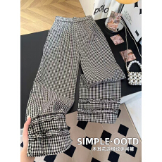 批发日系双层木耳边格子阔腿裤女宽松<b class='q'>百搭</b>通勤显瘦休闲九分裤