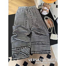 批发慵懒风松紧腰休闲裤女格子宽松<b class='q'>百搭</b>垂感阔腿裤花边九分裤