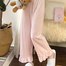200斤胖mm大码秋冬季睡裤甜美舒适百搭运动裤荷叶边粉色
