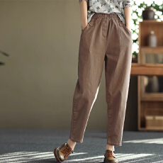 纯棉休闲裤女纯色纽扣松紧腰显瘦百搭哈伦长裤