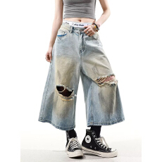 批发美式复古夏季新款破洞牛仔<b class='q'>短裤</b><b class='q'>男</b>女水洗宽松痞帅<b class='q'>七分裤</b>潮