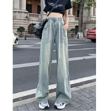 批发复古松紧腰抽绳<b class='q'>牛仔裤</b>女春夏韩版ins高腰显瘦学生直筒阔腿拖地裤