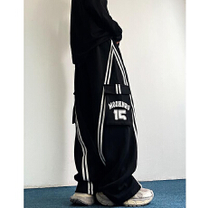 批发 黑色阔腿工装裤男女款春秋季美式潮牌条纹拼接大口袋宽松直筒裤