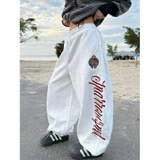 批发美式情侣装复古侧边字母刺绣休闲卫裤<b class='q'>男</b>女宽松直筒阔腿<b class='q'>长裤</b>
