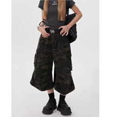 批发百搭简约原宿潮流半松紧腰嘻哈七分<b class='q'>裤</b><b class='q'>迷彩</b>无***新款气质