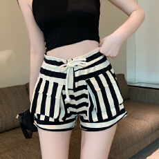 批发高腰条纹短裤女夏季松紧腰宽松阔腿裤外穿<b class='q'>显瘦</b><b class='q'>运动</b>A字辣妹热裤